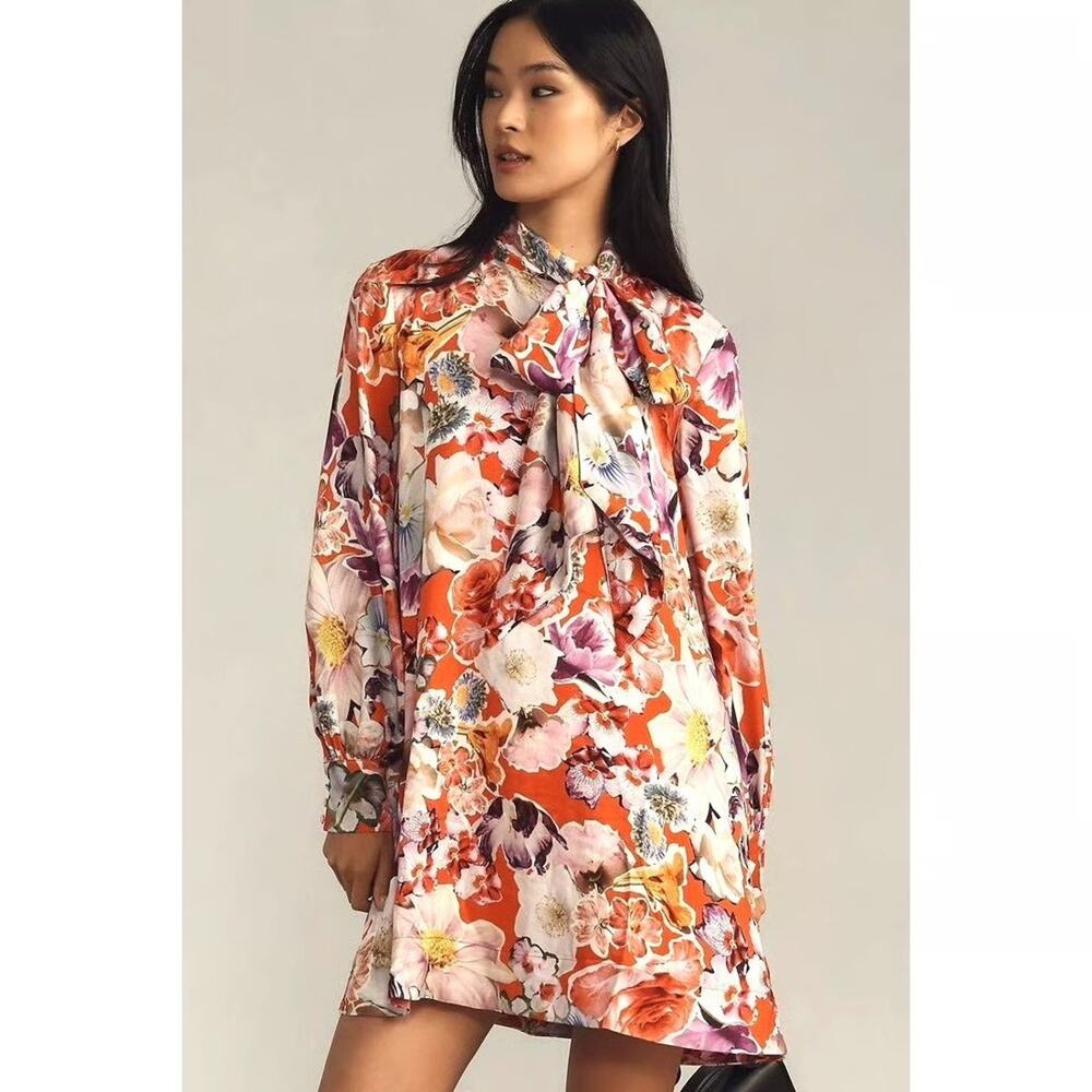 Anthropologie x Maeve Caroline Floral Print Tie Neck Mini Dress XS Pink Rose Red